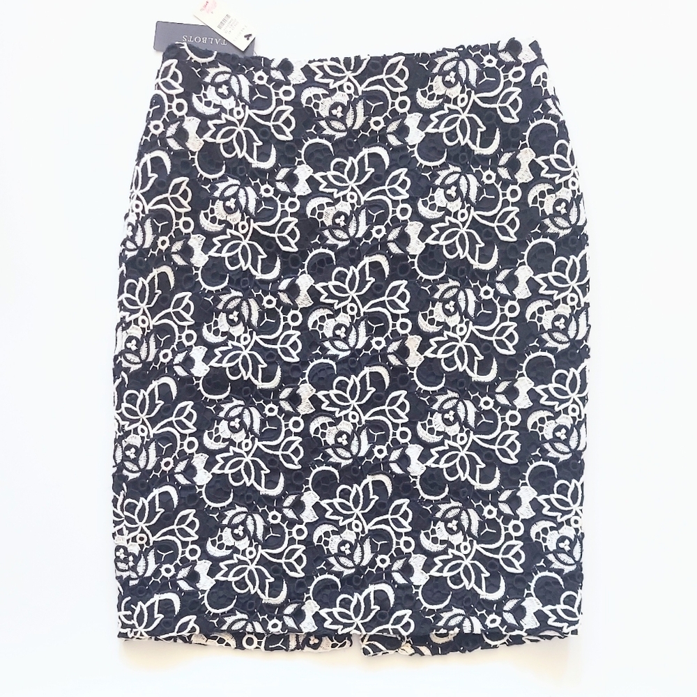 Talbots Crochet Floral Lace Pencil Skirt Black White Size 4 NWT